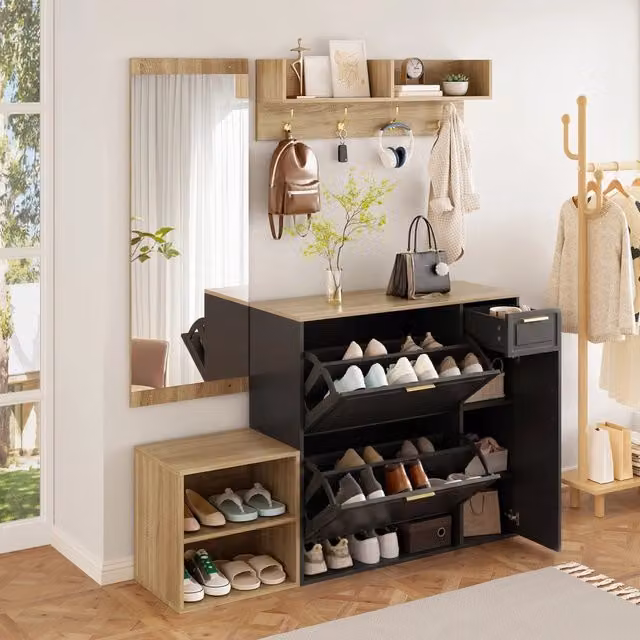 Mobile da ingresso con scarpiera, panca, appendiabiti a parete e specchio, in truciolare nero naturale, 139,5 × 35 × 166 cm