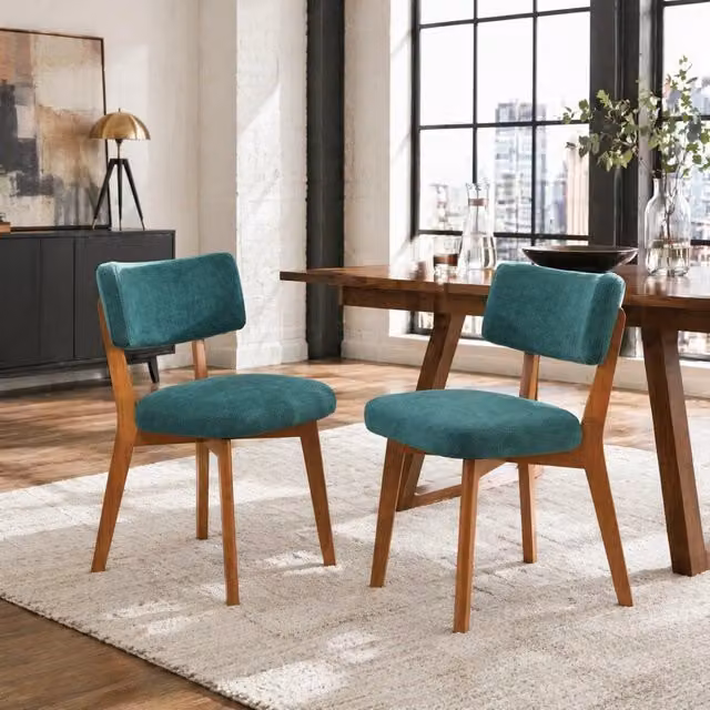 Sedia da pranzo MODFU in legno con seduta in tessuto verde, stile mid-century, L: 54,5 cm x P: 47 cm x H: 77 cm