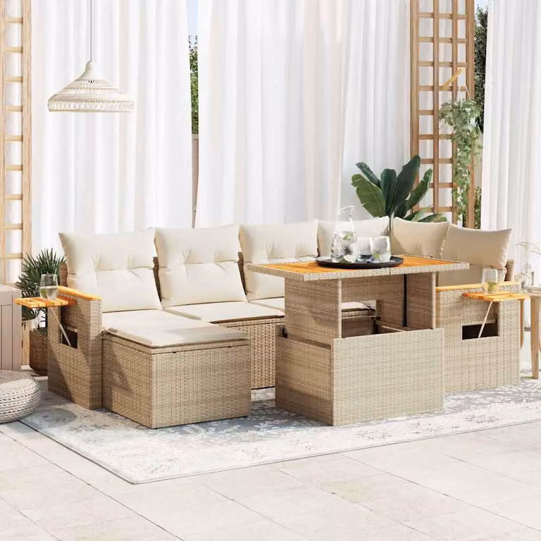 Set di divani da giardino vidaXL 7 pezzi in polyrattan con cuscini beige e tavolo da esterno in legno di acacia