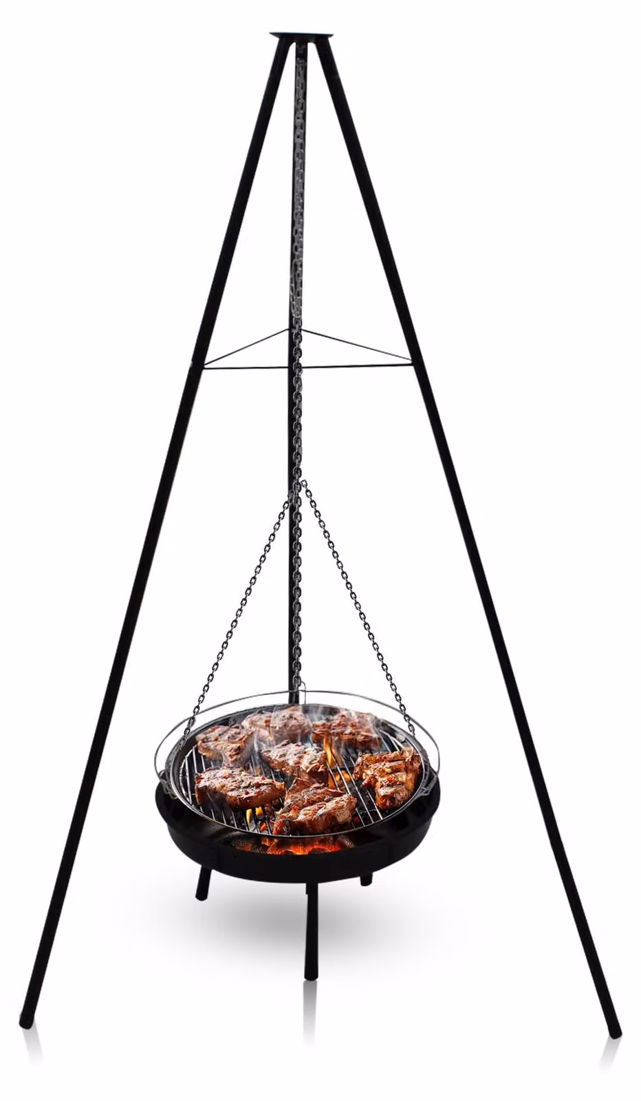 Omgoods - Griglia da esterno con treppiede (160 cm) - Barbecue regolabile - Braciere - Griglia - Legni aromatici - Design salvaspazio - Barbecue