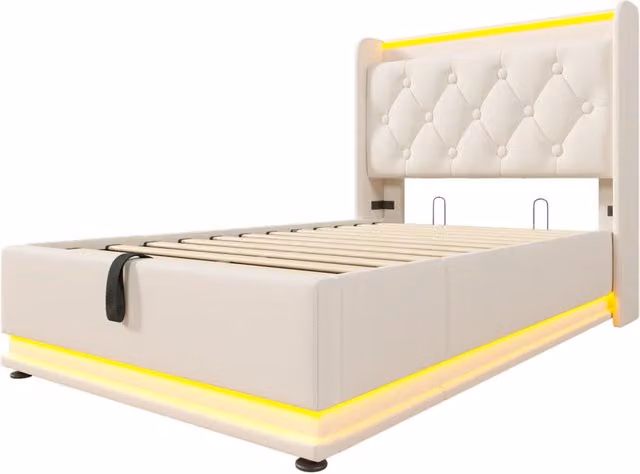 Letto singolo imbottito 90x200 cm bianco in PU con LED 360°, testata con porta USB Tipo-C, struttura idraulica contenitore