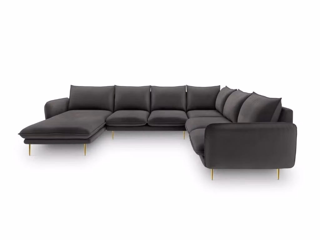 Divano panoramico destro Vienna Cosmopolitan Design a 7 posti in velluto grigio scuro con dettagli oro L/P/H: 330 x 158 x 95 cm – 2