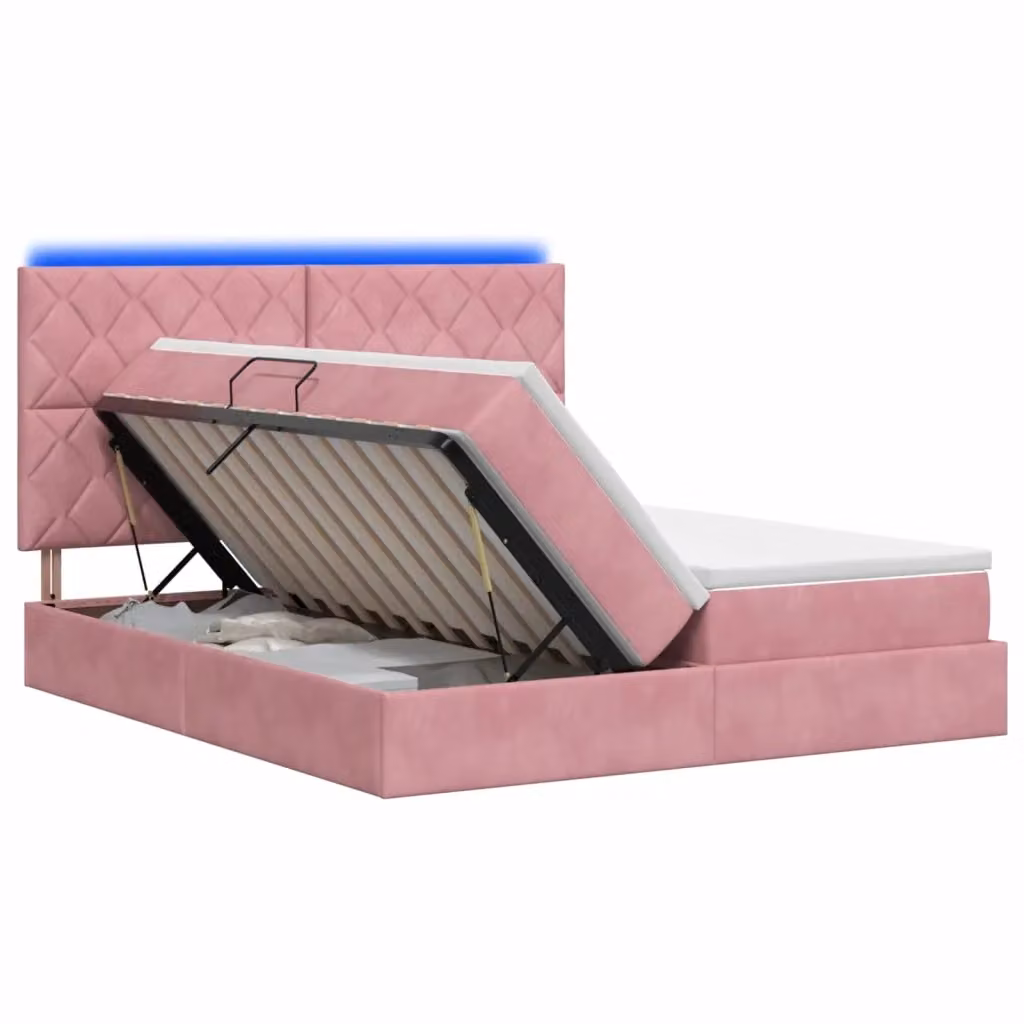 Letto con contenitore e materasso ibrido vidaXL in velluto rosa con illuminazione LED e porta USB, L/P: 180 x 200 cm – 2
