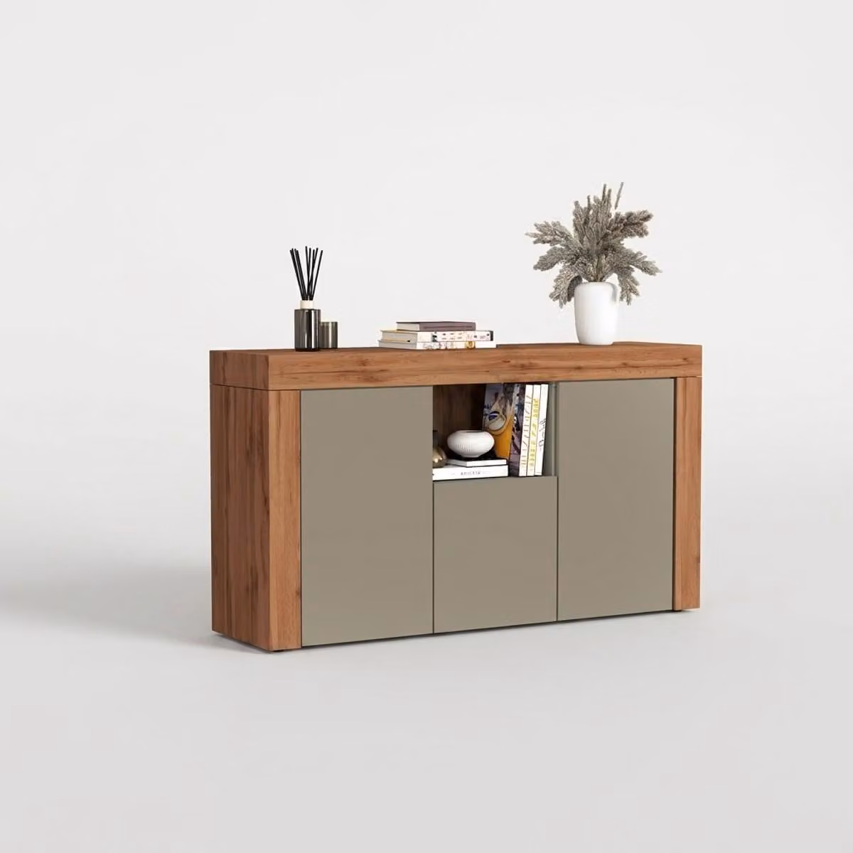 Mobile contenitore moderno con 4 ante e vani a giorno, modello Torven, colore grigio colomba
