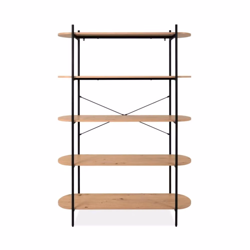 Libreria Hanoi20B in stile industrial con 5 ripiani in rovere e struttura in metallo nero, L/P/H: 120 x 34,5 x 174 cm – 2