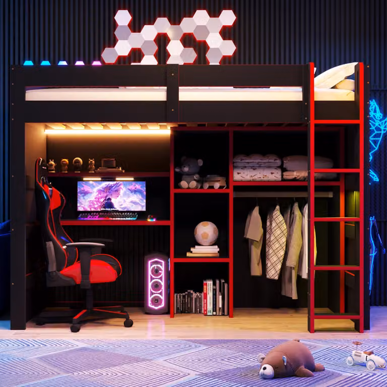 Letto a castello in legno 90x200, ideale per il gaming, con scrivania, armadio, spazio contenitivo, illuminazione LED e porte USB (colore: nero e rosso)