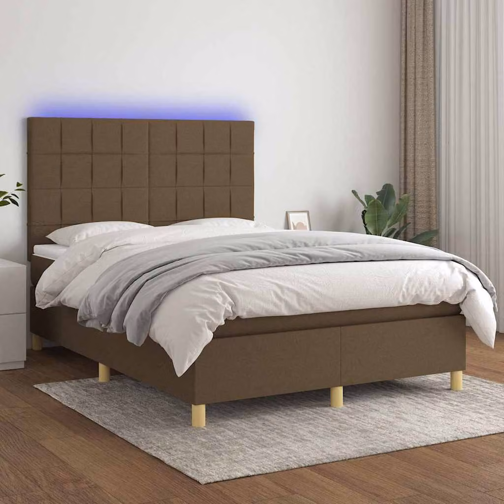Letto Ibrido con Materasso e Illuminazione LED vidaXL in Tessuto Marrone Scuro L/P/H: 140 x 190 cm – 1