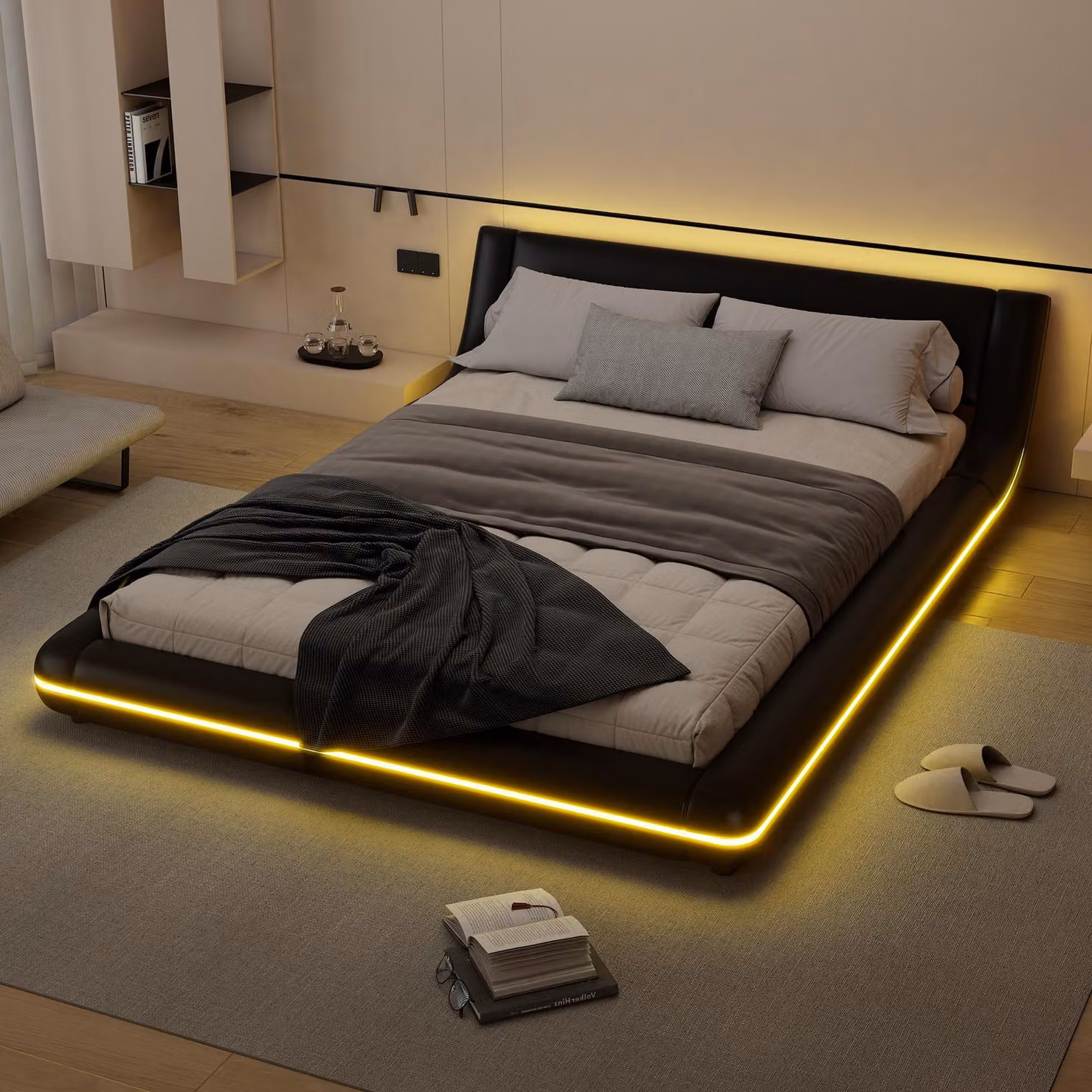 Letto imbottito Flieks 140x200cm con LED, letto matrimoniale letto giovanile con rete a doghe, letto classico letto in legno letto galleggiante letto da terra, PU, nero