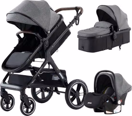 Carriolo 3-in-1 per Bambini con Sedile Auto e Carrello Pieghevole, Inclinabile, Nero e Grigio, 0-36 Mesi