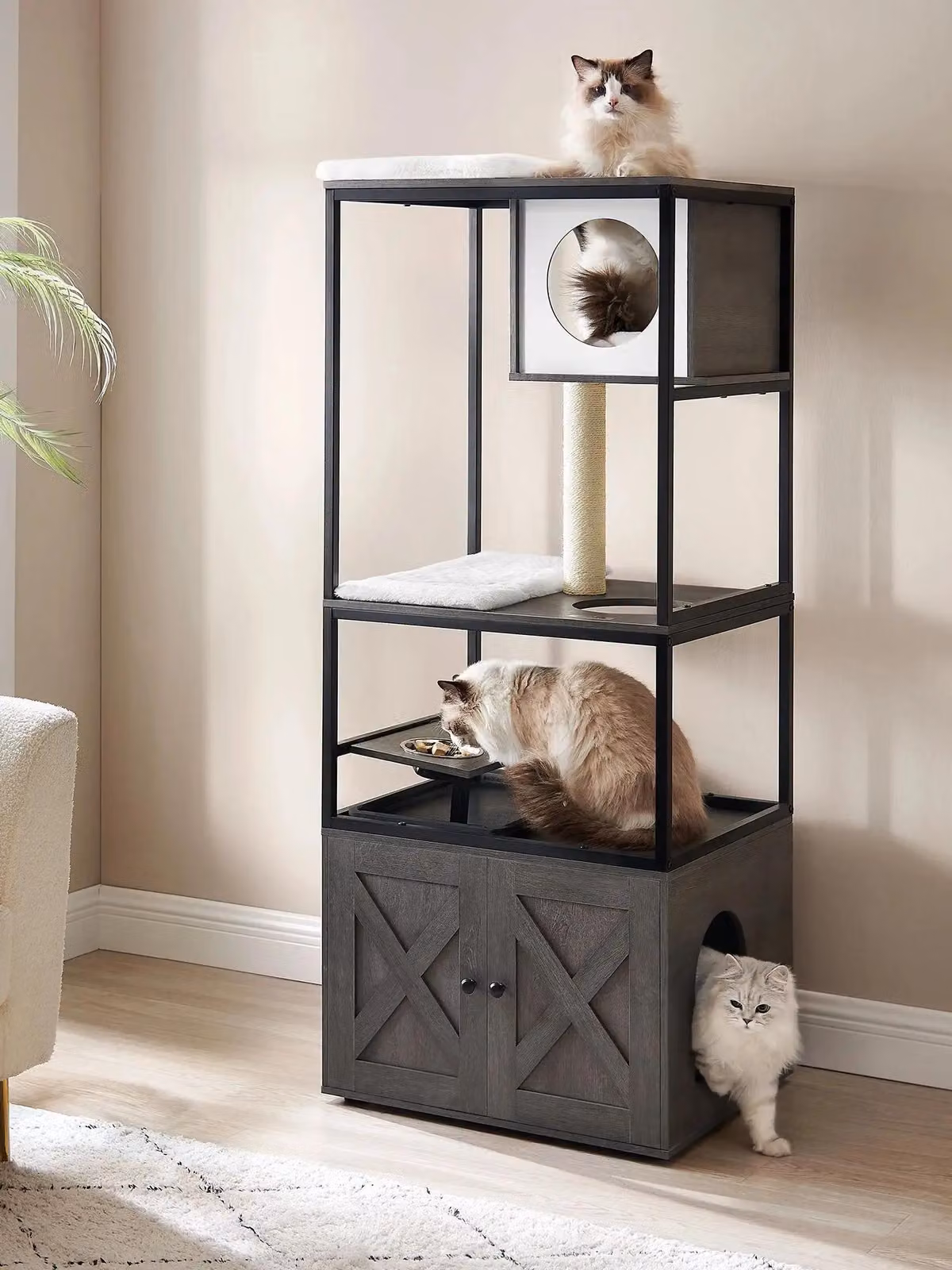 Arredi per gatti - Tiragraffi/Albero da arrampicata - 3 in 1 - Mobile per lettiera - Supporto rialzato per ciotole - Oltre 5 livelli - Nylon - Nero