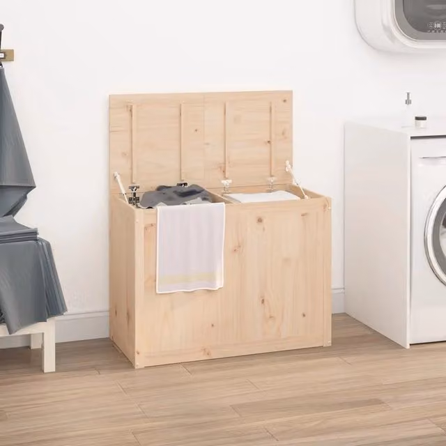 Contenitore per Bucato con Coperchio vidaXL in Legno Massello Beige L: 88,5 cm, P: 44 cm, H: 66 cm
