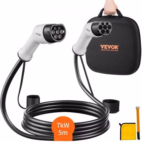 Cavo di ricarica per auto elettriche e ibride VEVOR da Tipo 2 a Tipo 2, monofase, max 7KW, 32A, lunghezza 5m, colore nero, protezione IP66