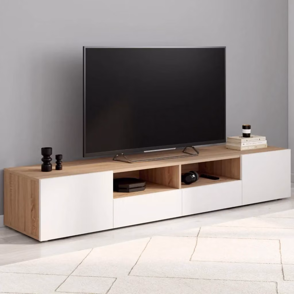 IDMarket Porta TV ELI moderna in faggio con ante bianche, L: 180 cm, P: 35 cm, H: 31,5 cm – 2