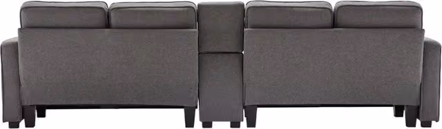 Divano moderno 4 posti in tessuto effetto lino con consolle, 2 portabicchieri, 2 porte USB e tasche laterali