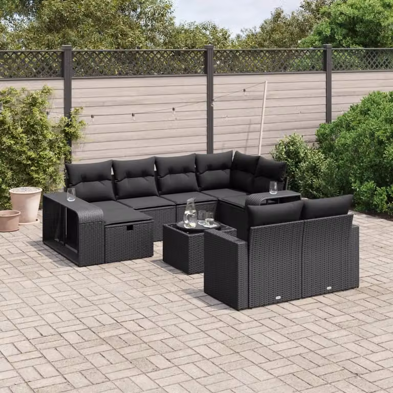 vidaXL Set Divani da Giardino 11 pz in Polyrattan Nero con Cuscini e Tavolino da Esterno