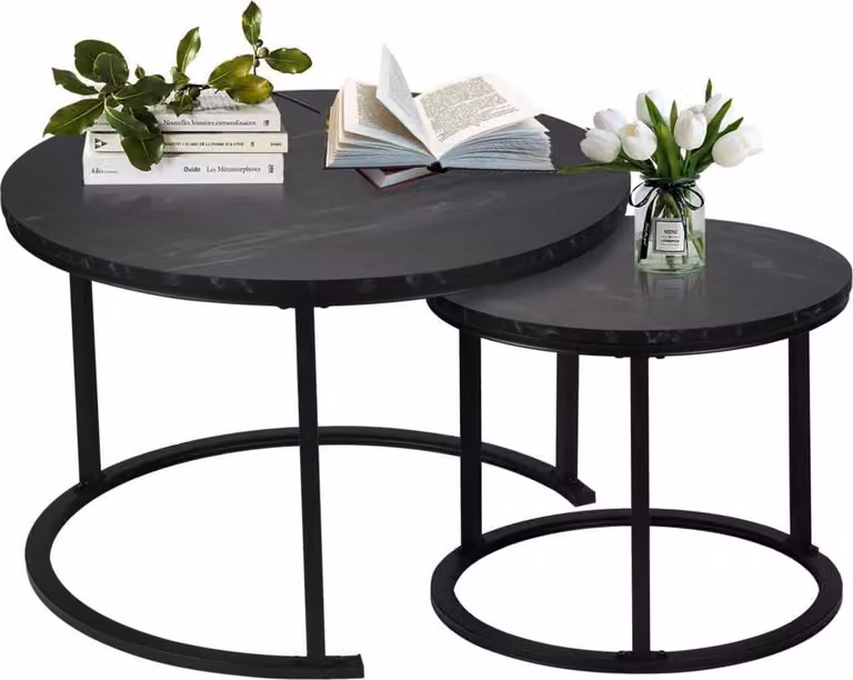 Set di 2 tavolini rotondi moderni impermeabili con struttura in metallo effetto marmo