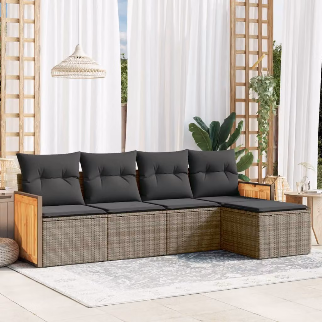vidaXL Set Divano da Giardino a L 5 pz in Polyrattan Grigio con Cuscini Imbottiti e Coperture Rimovibili – 1