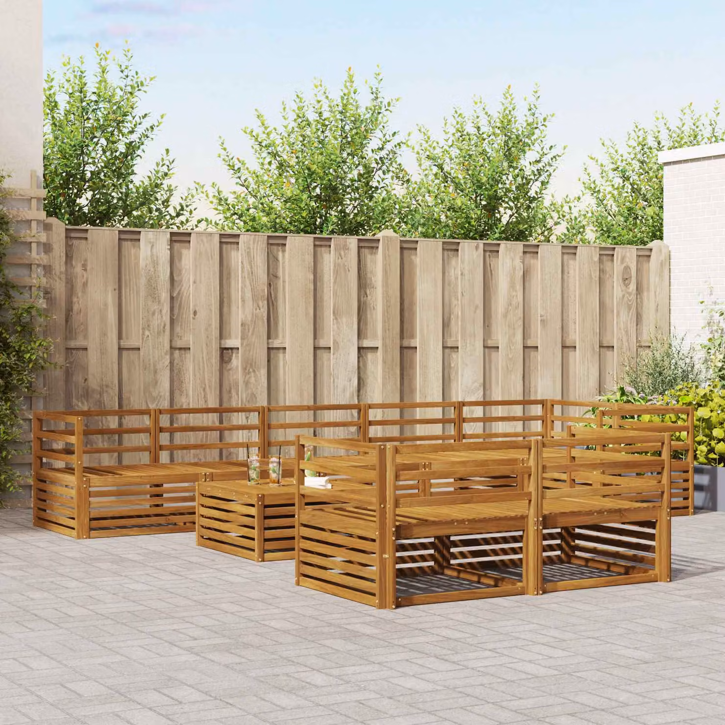 vidaXL Set di divani da esterno 9 pz in legno di acacia massello marrone con tavolino da caffè e cuscini