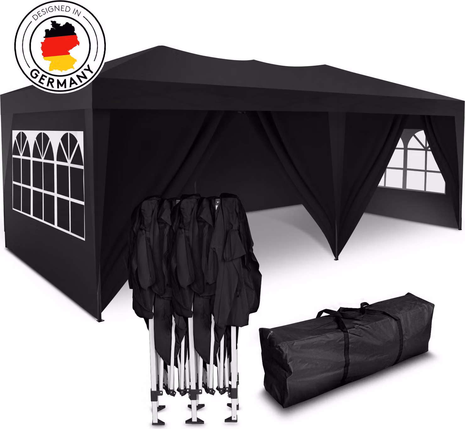 Gazebo pieghevole Kronenburg 3x6 m - Impermeabile, protezione UV 50+, 6 pannelli laterali, nero