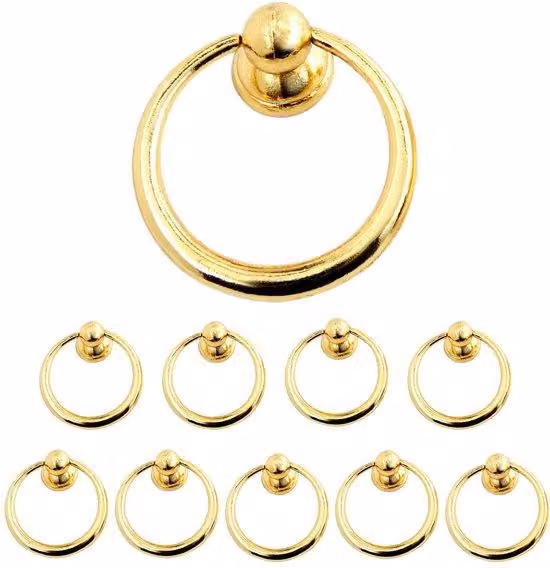 Ibenzoa® Set di 10 maniglie dorate, realizzate in lega di zinco, con anello di diametro 37 mm – ideali per armadi, guardaroba, librerie e cassetti, complete di viti
