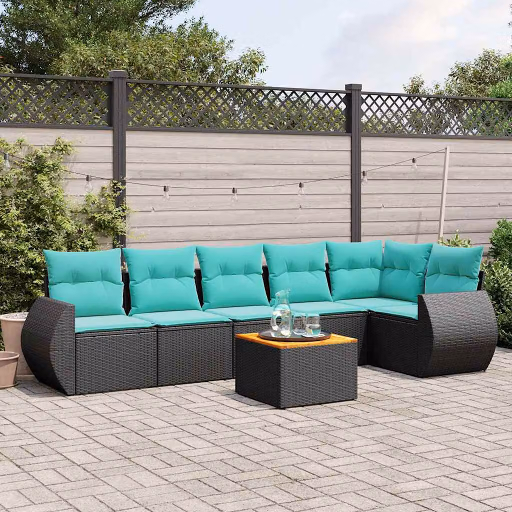 Set Divani da Giardino vidaXL 7 pz in Polyrattan con Cuscini e Tavolino da Esterno, Design Moderno a L, Colore Nero, Blu o Turchese