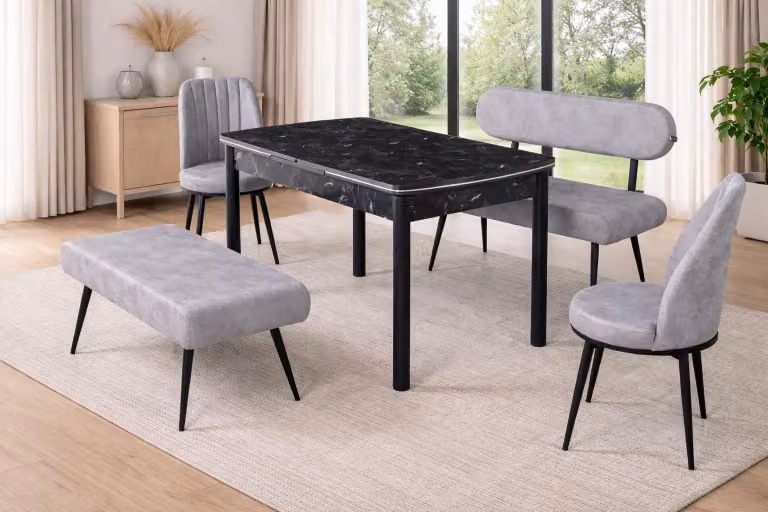 Tavolo da pranzo, 2 sedie, panca, panca con schienale, stile moderno, colore grigio, confortevole