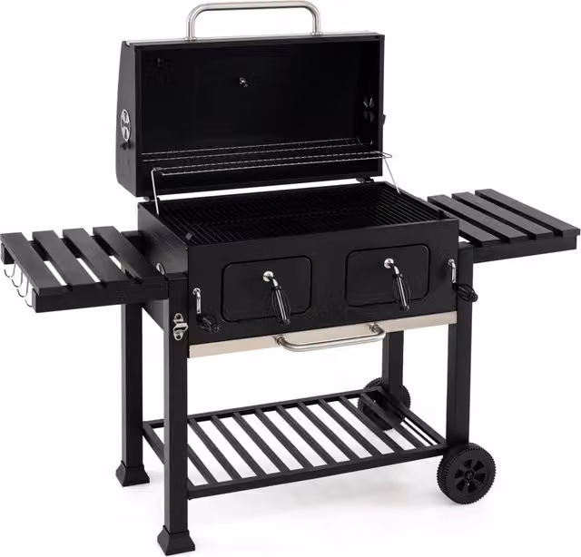 Barbecue a carbone con ruote griglia regolabile in altezza e tavolini laterali, Barbecue portatile affumicatore