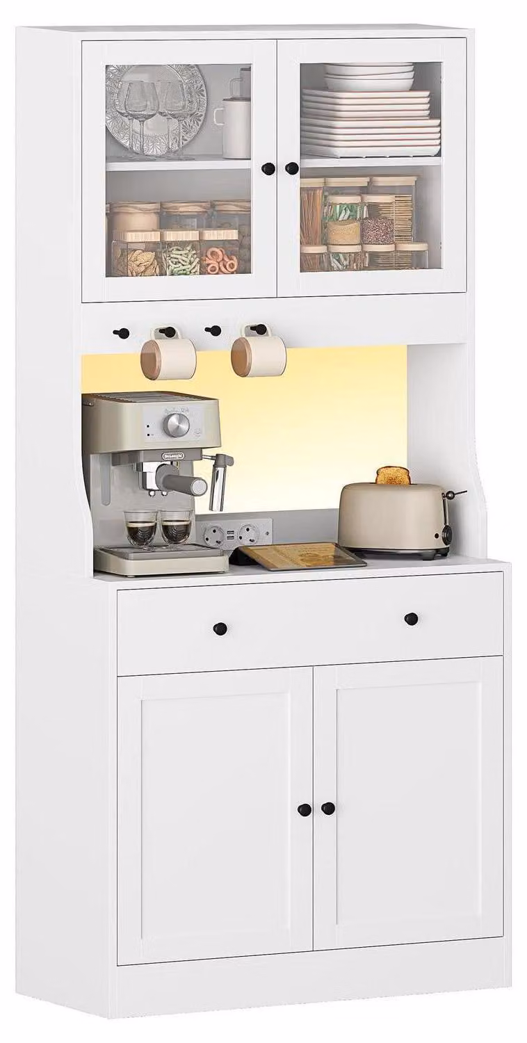 Mobiletto da cucina con piano di lavoro e illuminazione a LED, mobiletto buffet con cassetto, credenza con presa di corrente, colore bianco, dimensioni 80x40x180 cm