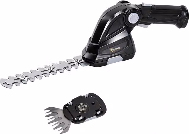Tagliasiepi e cesoia elettrica 2-in-1 Outsunny con batterie ricaricabili e 2 lame intercambiabili, Nero, L: 47 cm, P: 8,5 cm, H: 12 cm
