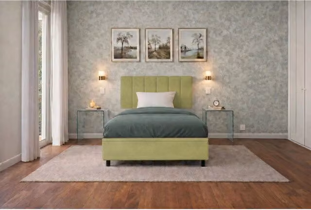 Letto imbottito Singolo 80x190 cm Vertical - Contenitore,Microfibra,Tè verde