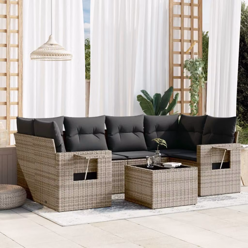 Set di Divani da Giardino vidaXL 7 pz in Polyrattan Grigio con Cuscini e Tavolino – 1