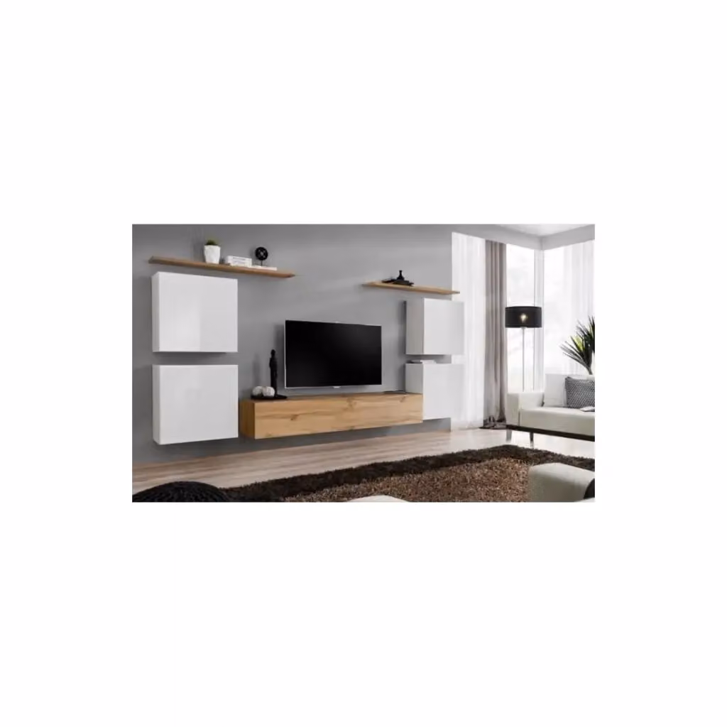 Composizione murale SWITCH IV Meublorama in Rovere Wotan e bianco lucido con mobile TV, blocchi sospesi e scaffali, stile moderno L: 320 cm, P: 40 cm, H: 150 cm – 2