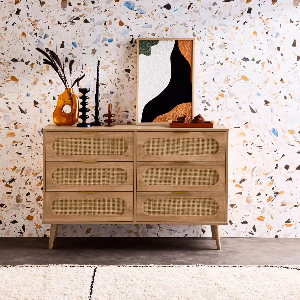 Cassettiera Sweeek in legno, rattan e metallo in stile scandinavo, colore marrone e oro, L: 120 cm – 2