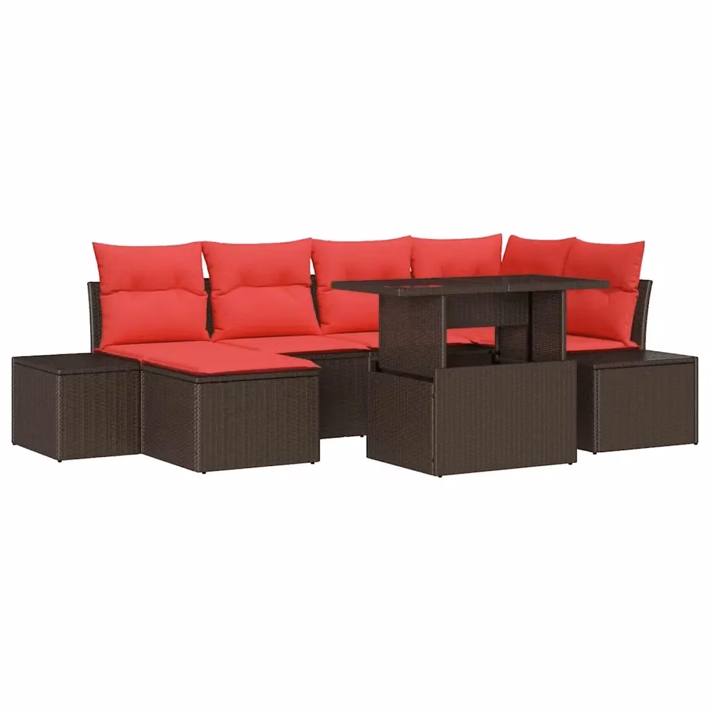 Set Divano da Giardino vidaXL 7 pz a Forma a U in Polyrattan Marrone e Rosso con Cuscini e Tavolino da Caffè – 2