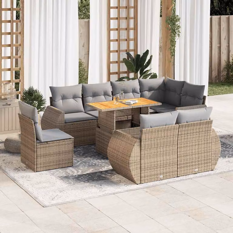 Set Divano da Giardino vidaXL 9 pz in Polyrattan con Cuscini Beige e Tavolino da Caffè Moderno