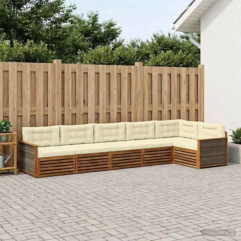 Set di divani da esterno vidaXL a forma di L composto da 6 pezzi in legno di acacia con cuscini inclusi, colore beige e bianco