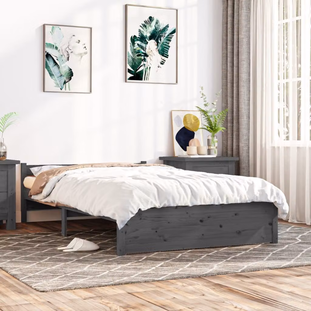 The Living Store Letto in legno massiccio grigio 135x190 cm