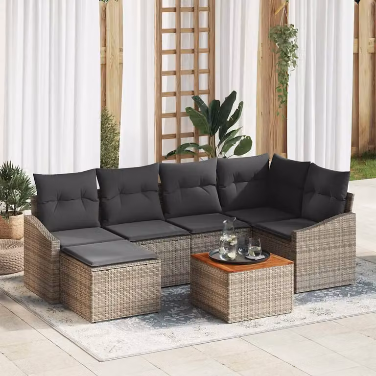Set Divano da Giardino Moderno vidaXL in Polyrattan Grigio con 7 Pezzi e Cuscini inclusi