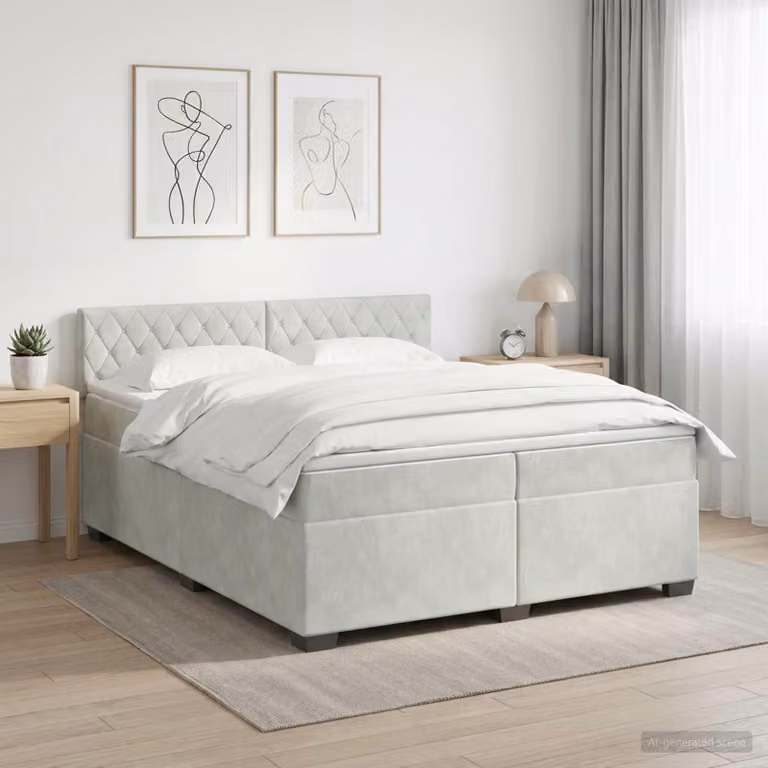 Letto matrimoniale con boxspring, materasso e illuminazione LED, colore grigio chiaro, dimensioni 200 x 200 cm, rivestito in velluto