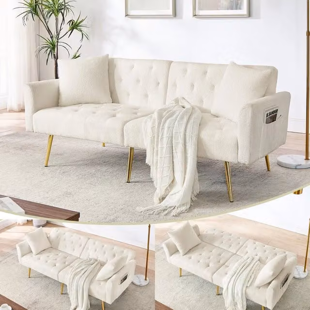 Divano 2 posti in boucl¨¦ ¨C Minimal ¨C Beige, con cuscini, gambe in metallo, schienale regolabile