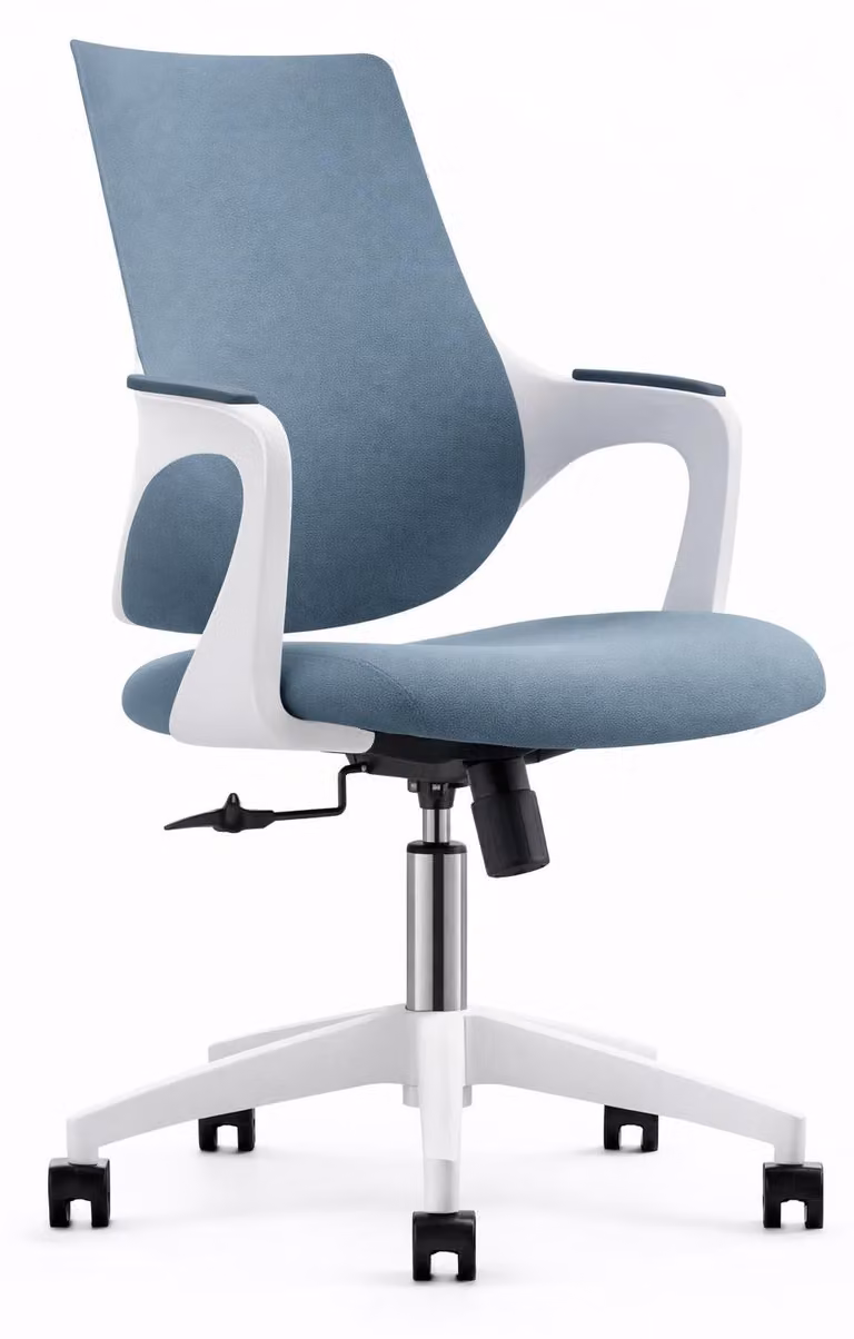 Sedia da ufficio moderna con rivestimento blu e struttura in plastica bianca