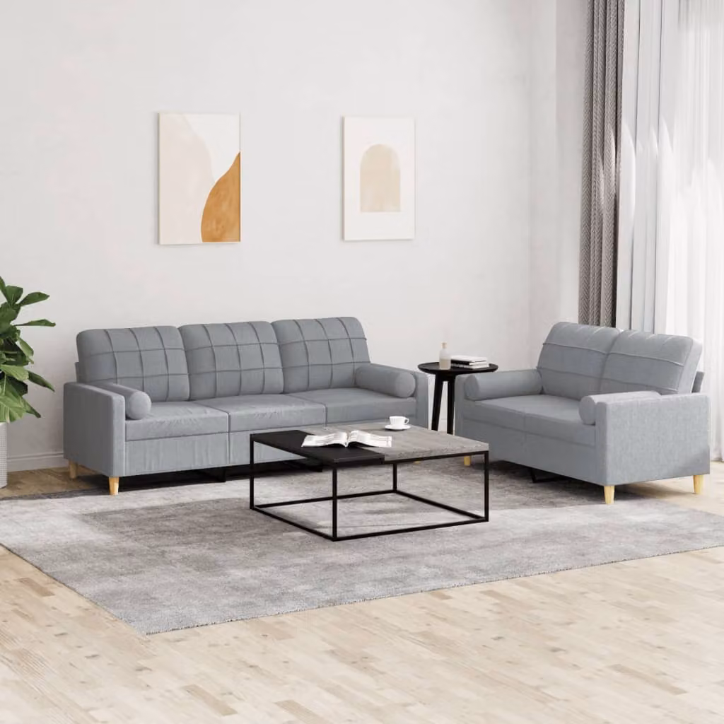 Set di Divani vidaXL composto da un divano a 2 posti e uno a 3 posti, Rivestimento in Tessuto Grigio con Cuscini Inclusi – 1
