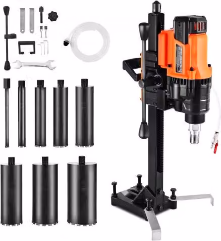 VEVOR Carotatrice per Calcestruzzo Arancione con Supporto, Trapano a Carotaggio a Secco e a Umido da 3000 W, Diametro di Foratura da 20 a 200 mm, 8 Punte Incluse