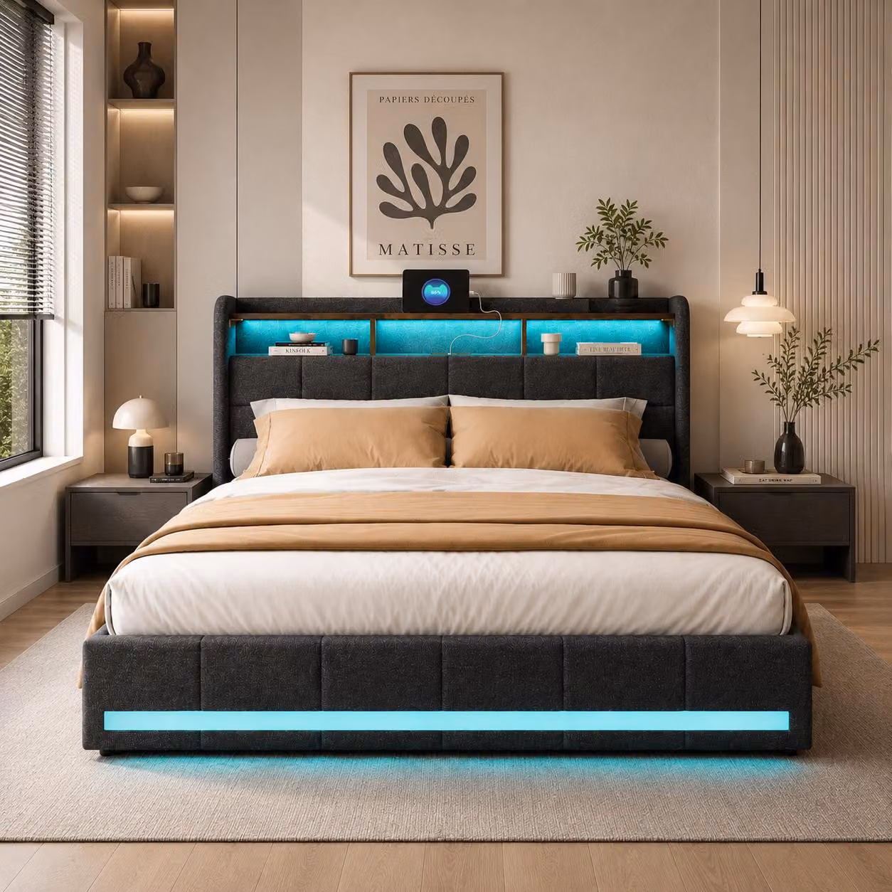 Letto imbottito INONEFT, 140x190 cm, con illuminazione LED e prese USB, letto singolo per ragazzi con 4 cassetti e 3 vani portaoggetti, tessuto in lino, colore grigio
