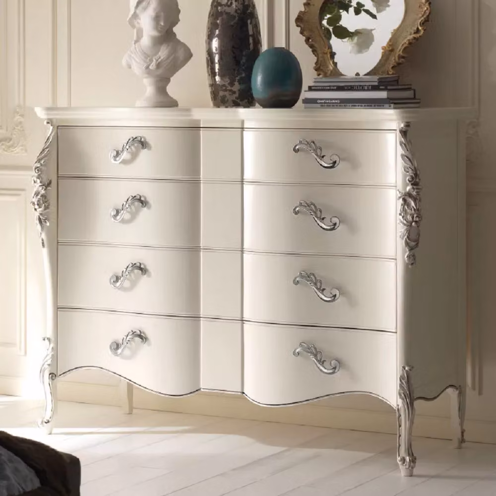 Cassettiera sagomata con 4 cassetti in legno bianco argento Mobili 2G L: 137 cm, P: 57 cm, H: 110 cm – 2