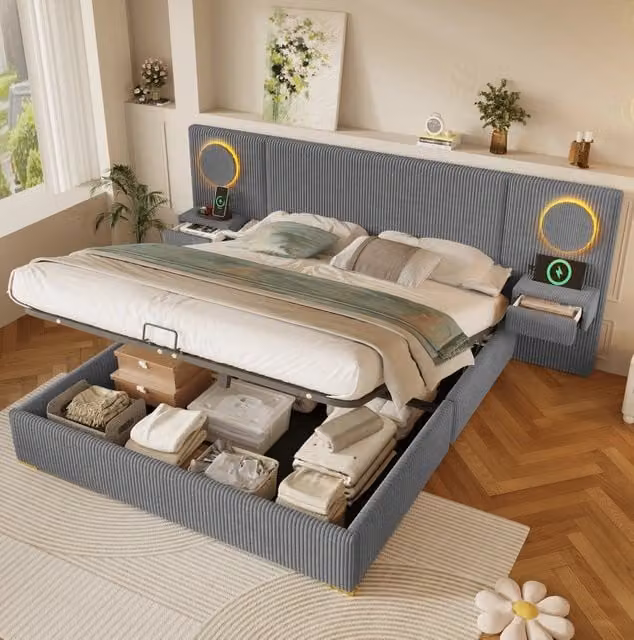 Letto contenitore 180x200 cm in velluto grigio con LED e USB, senza materasso –