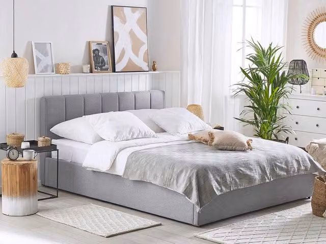 Letto contenitore Beliani con rivestimento in tessuto grigio e doghe a balanciere L/P/H: 160 x 200 x 30 cm