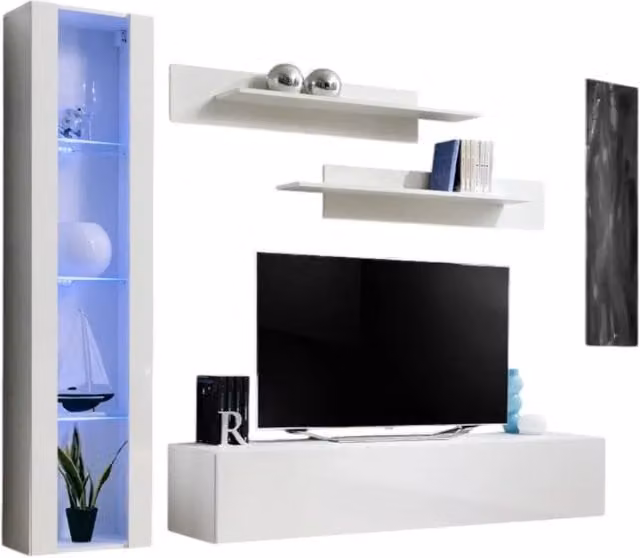 Mobile TV FLY G2 design, colore bianco lucido. Mobile sospeso moderno e alla moda per il tuo soggiorno.