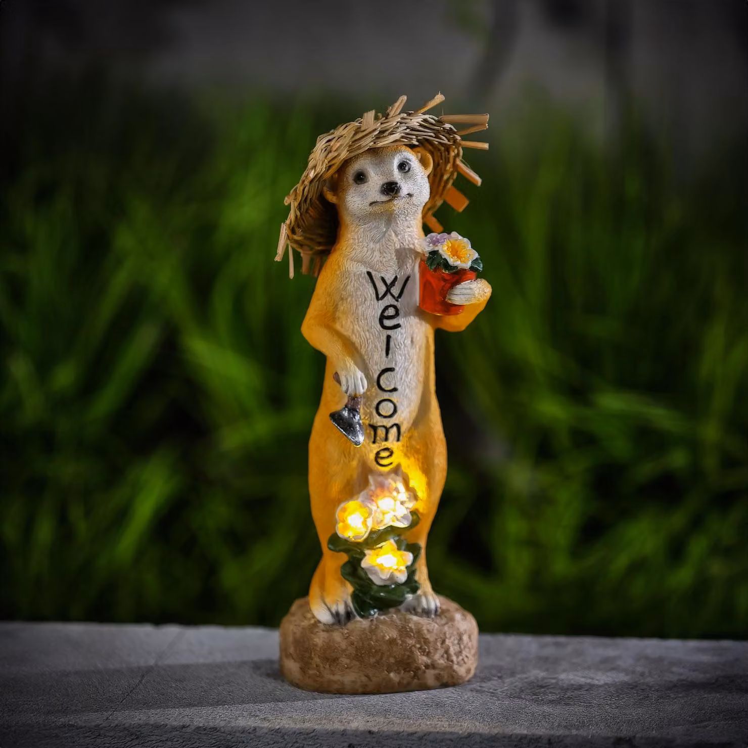 Figura di animale a energia solare – "Benvenuti" (suricato) – LED bianco caldo – 30 cm, confezione singola [11423]
