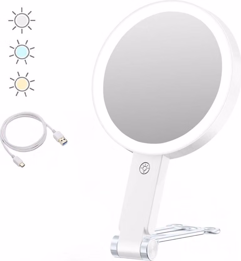 INF Specchio cosmetico illuminato a LED con supporto a orso, ingrandimento 30x Bianco